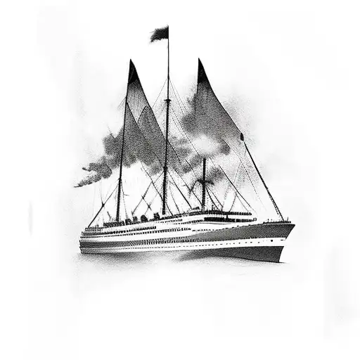 Titanic sailing on the water at sunset and than below it the tattoo darkens to the titanic present day on the sea floor tattoo design idea