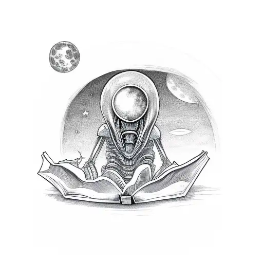 An alien reading a book under a moonlit sky in a traditional style tattoo design idea