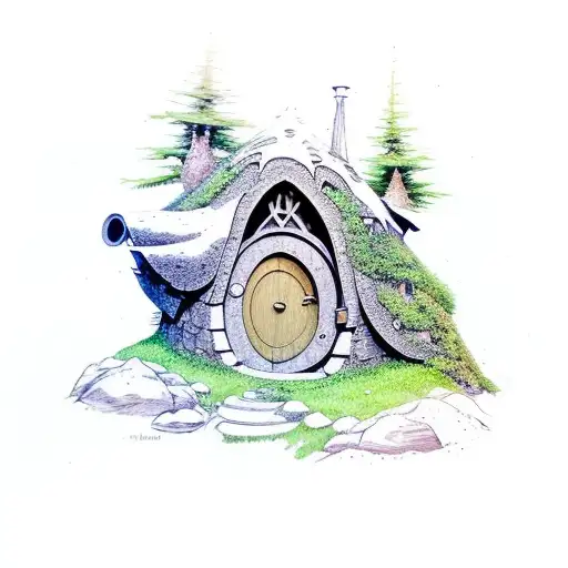 A hobbit house nestled in the woods with a galaxy sky background tattoo design idea