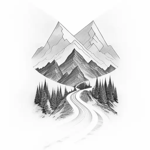 A black-grey tattoo of a guitar neck transforming into a winding road leading to a mountain peak tattoo design idea
