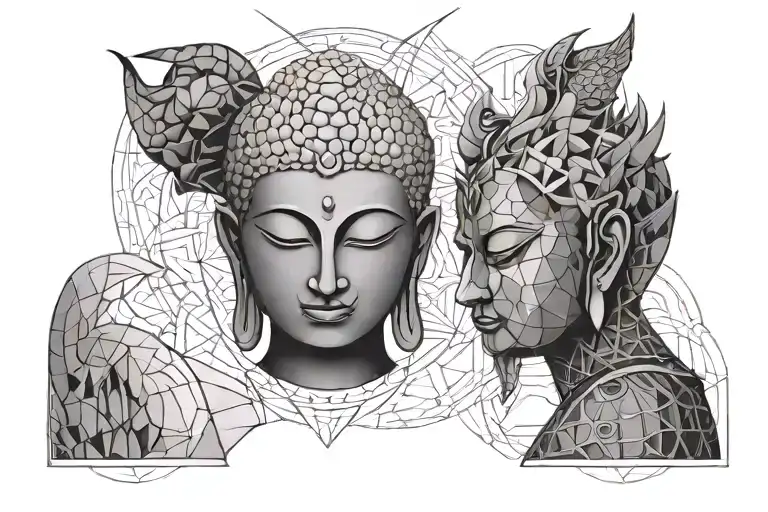 Angel and Devil half Buddha tattoo design idea