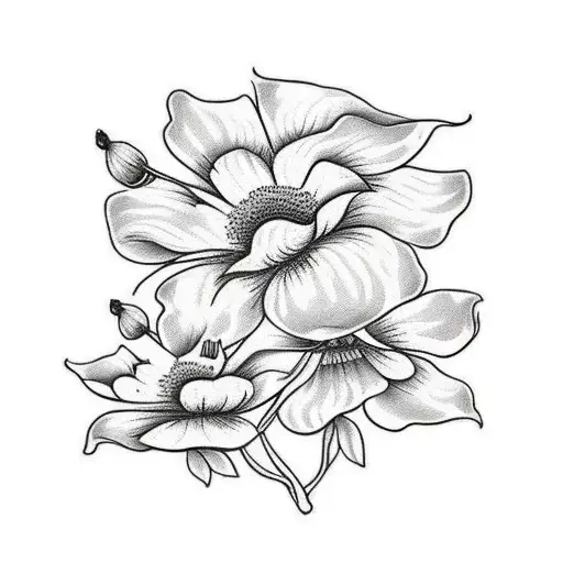 A traditional-style tattoo of a dogwood tree with California poppies blooming around it tattoo design idea