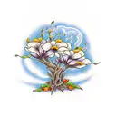 A traditional-style tattoo of a dogwood tree with California poppies blooming around it tattoo design idea