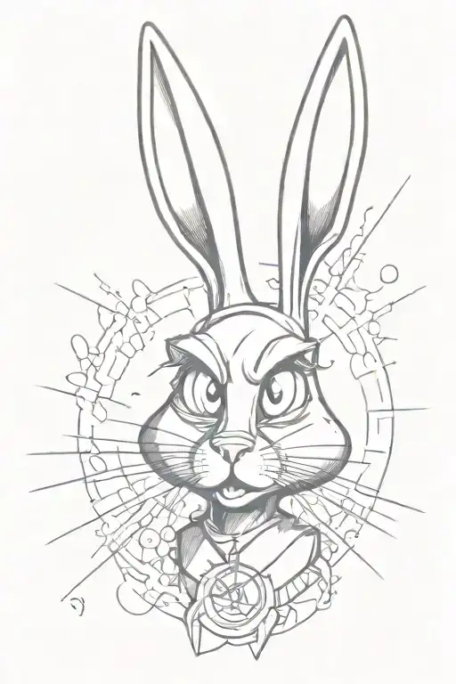 A sketch of Bugs Bunny with a surreal twist - one eye as a radiant sun and the other as a dark black hole, with one ear perked up and the other flopped forward tattoo design idea
