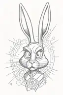 A sketch of Bugs Bunny with a surreal twist - one eye as a radiant sun and the other as a dark black hole, with one ear perked up and the other flopped forward tattoo design idea