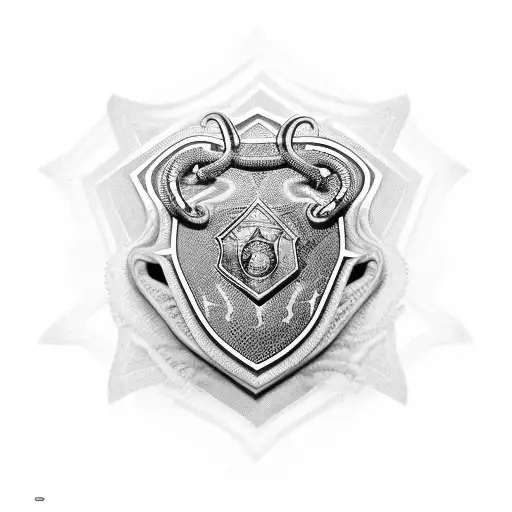 A police badge with a snake wrapped around it, surrounded by spider webs and black-grey shaded plants tattoo design idea