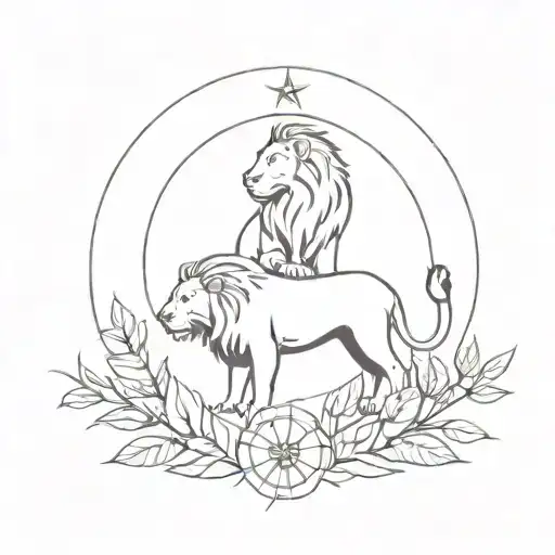 compass rose with a mother lion and cub at the center, surrounded by leaves and flowers. tattoo design idea