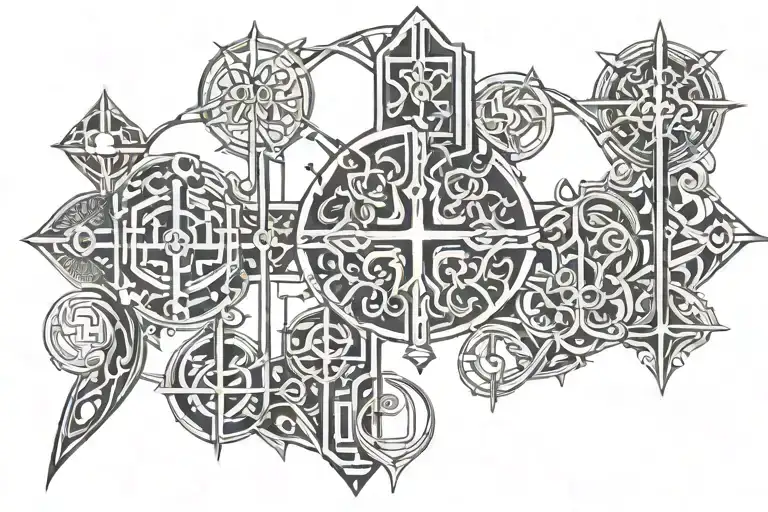 architectural tattoo: music, sea wave, kiss mark, Orthodox cross tattoo design idea