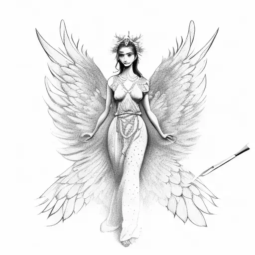 A heavenly figure holding a paintbrush and palette with wings made of vibrant brushstrokes tattoo design idea