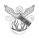 A celestial being playing a harmonica with wings made of musical notes tattoo design idea
