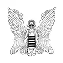 A celestial being playing a harmonica with wings made of musical notes tattoo design idea