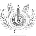 A celestial being playing a harmonica with wings made of musical notes tattoo design idea