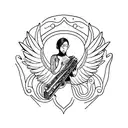 A celestial being playing a harmonica with wings made of musical notes tattoo design idea