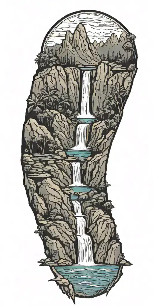 A waterfall surrounded by towering mountains, inspired by the TV show Lost, along with the Dharma initiative  tattoo design idea