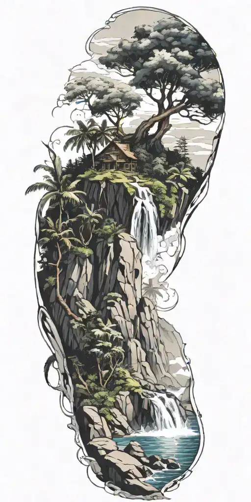 A mysterious island scene inspired by the TV show Lost, with a hidden waterfall and ancient trees tattoo design idea