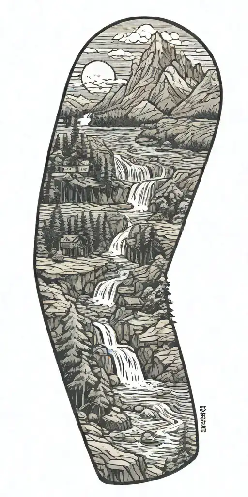 TV show Lost integrated with nature tattoo such as mountains, waterfall, trees tattoo design idea