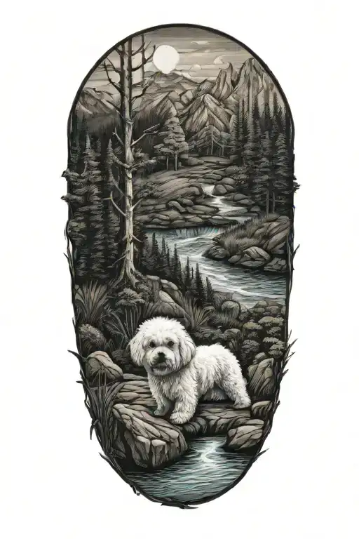 A portrait of a Maltipoo/bichon surrounded by nature such as mountains, trees, and water (river) that pops out  tattoo design idea