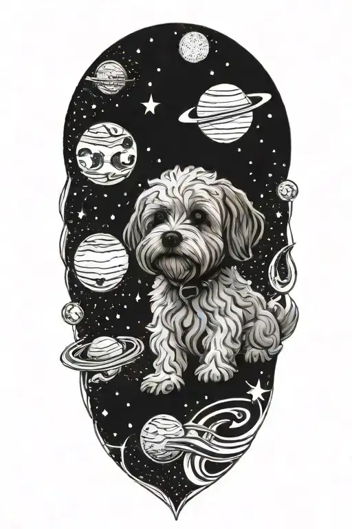A portrait of a Maltipoo/bichon surrounded by a celestial background of planets and stars tattoo design idea