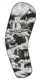 A waterfall surrounded by towering mountains, inspired by the TV show Lost, along with the Dharma initiative  tattoo design idea