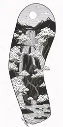 A waterfall surrounded by towering mountains, inspired by the TV show Lost, along with the Dharma initiative  tattoo design idea