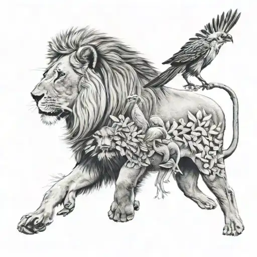 lion elephant bird mix tattoo design idea