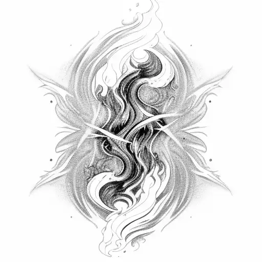 A mesmerizing black and grey tattoo of crashing waves and flames intertwining with each other, representing the powerful forces of water and fire. tattoo design idea