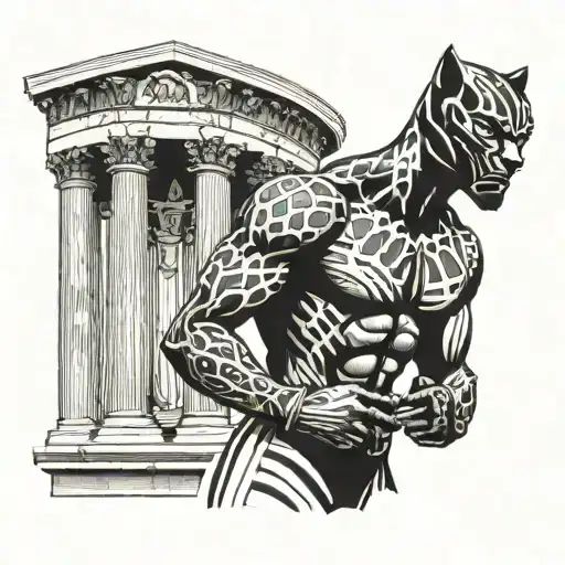 A tattoo of a McDonald's manager wearing a Black Panther costume, standing in front of a Greek temple with the Joker peeking out from behind a column tattoo design idea