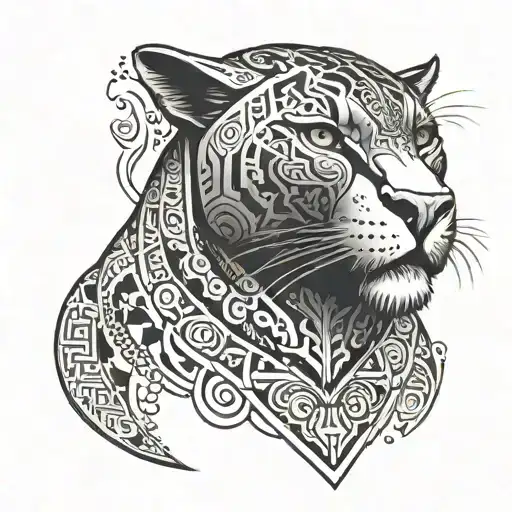 A tattoo of a black panther with intricate Greek patterns integrated into its fur, symbolizing strength and unity tattoo design idea