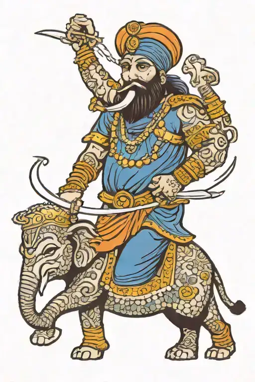 Sikh warrior wielding sword fighting elephant surrounded tattoo design idea