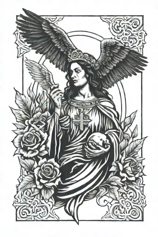 vrigin mary with a mexican eagle in the background and a cross in the bottom   tattoo design idea
