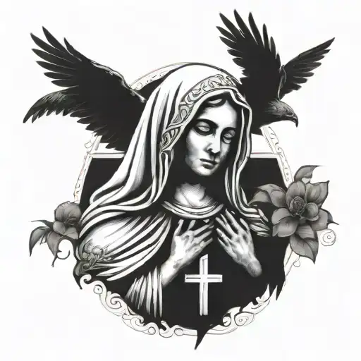 virgin mary with a mexican eagle in the background with a cross in the bottom  tattoo design idea
