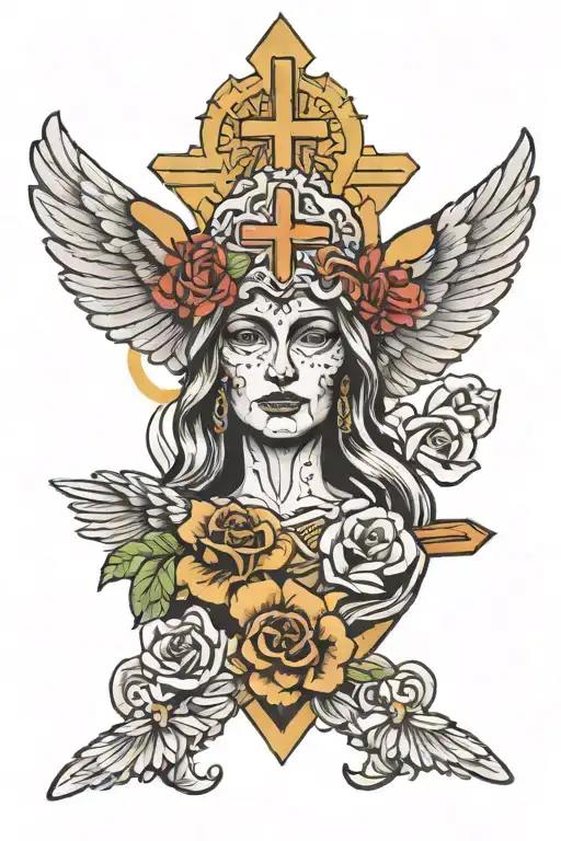 vrigin mary with the mexican eagle head in the background and a cross in the bottom   tattoo design idea