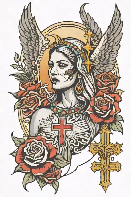 vrigin mary with a mexican eagle head in the background and a cross in the bottom   tattoo design idea