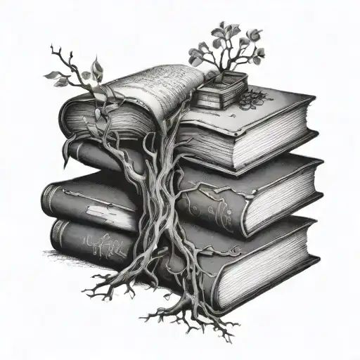 stack of books with an open book on the very top with the tree of knowledge growing out of it.  tattoo design idea