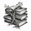 stack of books with an open book on the very top with the tree of knowledge growing out of it.  tattoo design idea