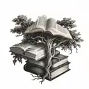 stack of books with an open book on the very top with the tree of knowledge growing out of it.  tattoo design idea
