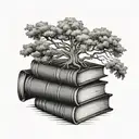 stack of books with an open book on the very top with the tree of knowledge growing out of it.  tattoo design idea