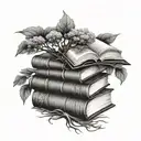 stack of books with an open book on the very top with the tree of knowledge growing out of it.  tattoo design idea