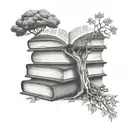 stack of books with an open book on the very top with a tree speouting out of the open book. tattoo design idea