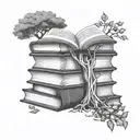 stack of books with an open book on the very top with a tree speouting out of the open book. tattoo design idea