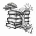 stack of books with an open book on the very top with a tree speouting out of the open book. tattoo design idea