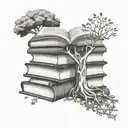 stack of books with an open book on the very top with a tree speouting out of the open book. tattoo design idea