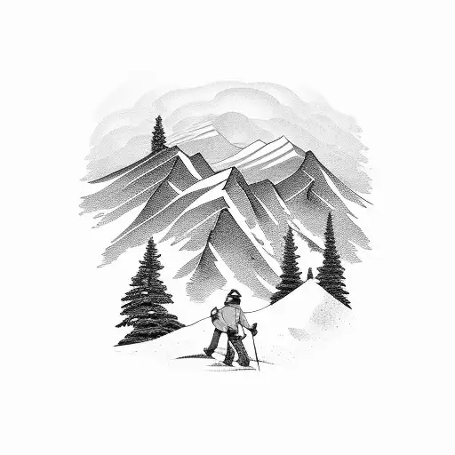 A stylized illustration of a pub sign with a majestic mountain backdrop, showcasing the client's occupation as a pub owner and their passion for mountains. tattoo design idea