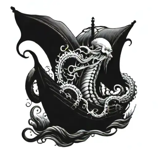 A majestic kraken emerging from the depths, wrapping its tentacles around a boat in a fierce battle tattoo design idea