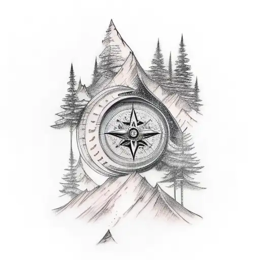 tattoo containing the following elements: trees, mountains, moon, compass, animal and a waterfall tattoo design idea
