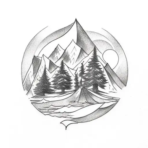 tattoo containing the following elements: trees, mountains, moon, compass, plane and a waterfall tattoo design idea