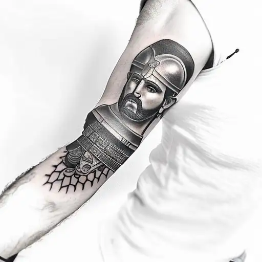 greek warrior on forearm tattoo design idea