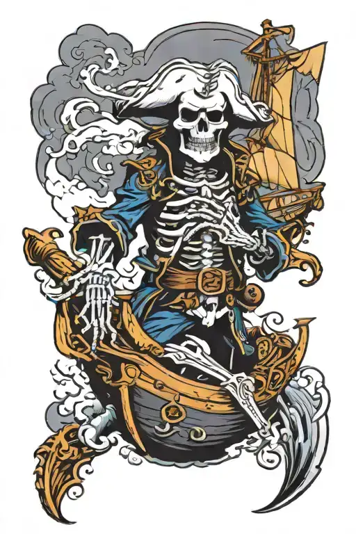 skeleton pirate with ship sailing through stormy seas tattoo design idea