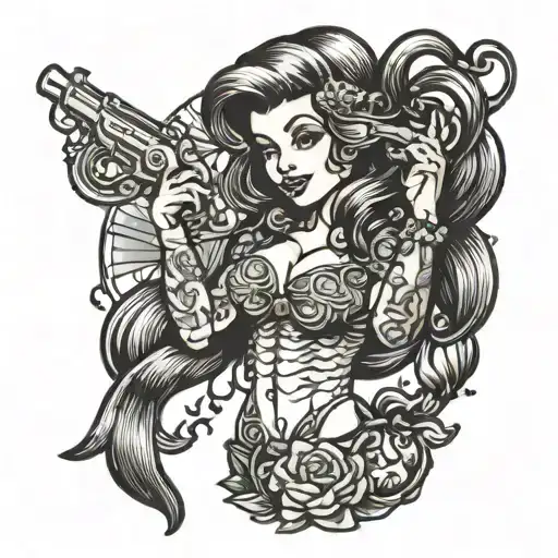 little mermaid holding revolvers tattoo design idea
