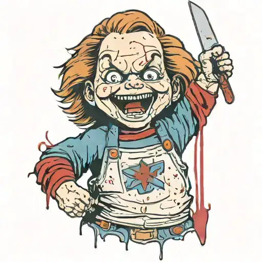 chucky smiling with a knife in his hand with blood dripping from it tattoo design idea